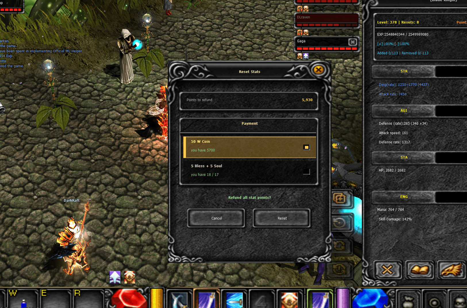The Reset Stats payment window