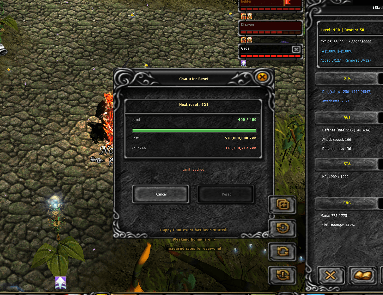 The Character Reset window